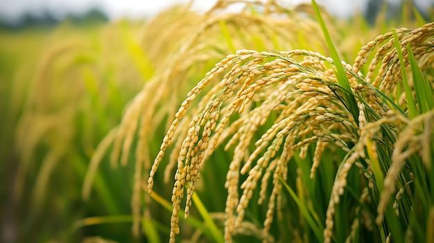 Close up of rice paddy field with golden grains of rice ready for harvest in a field of green stalks