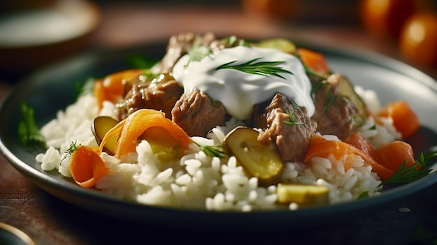 Close up of rice with carrots garnished with lamb pieces served with pickles and yogurt