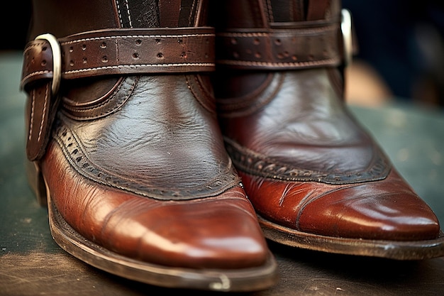 Close up of a riders boots in the stirrups while riding Western style