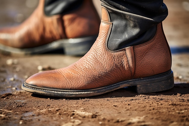 Close up of a riders boots in the stirrups while riding Western style