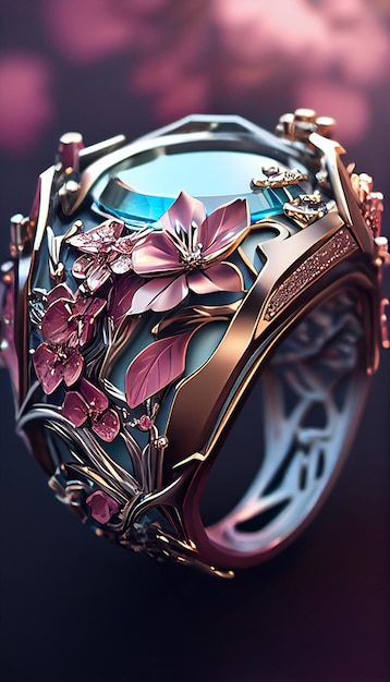 Close up of a ring with flowers on it generative ai