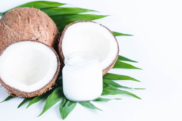 Close-up of ripe and tasty coconut and coconut oil