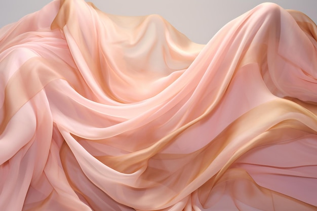 Close up of rippled pink silk fabric on white background studio