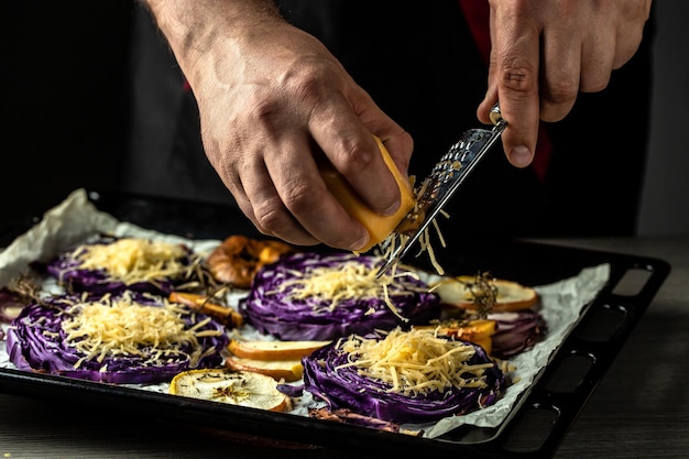 Close up roasted balsamic thyme red cabbage quince and apples Vegan baked red cabbage steaks Food recipe background