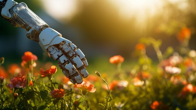 close up of robot arm in grass Generative AI