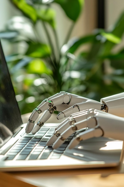 Photo close up of robot hand typing on laptop plant on background generated by ai