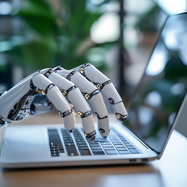 Photo close up of robot hand typing on laptop plant on background generated by ai