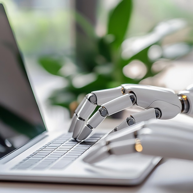 Photo close up of robot hand typing on laptop plant on background generated by ai