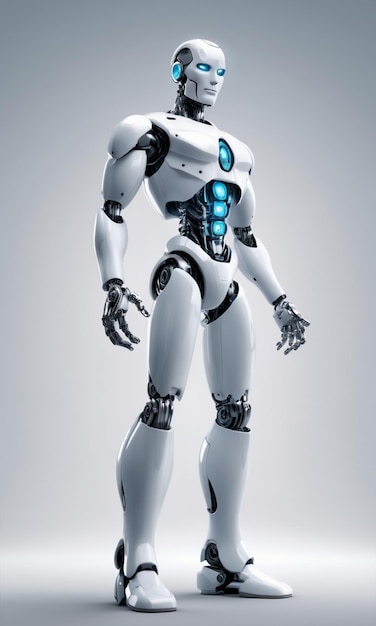 a close up of a robot with blue lights on his body