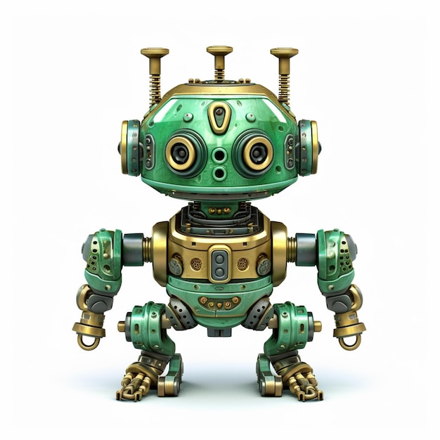 a close up of a robot with a green body and gold accents generative ai