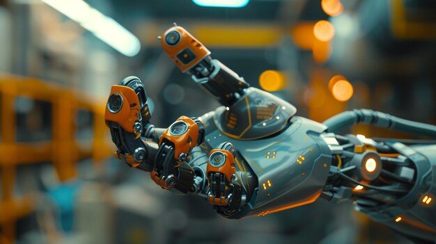 Close up of robotic hand in orange and black colors