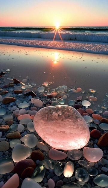 Close up of rock on beach with sunset generative ai