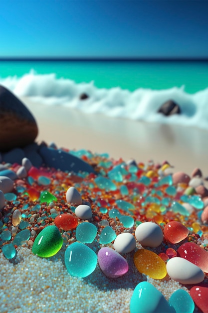 Close up of rocks on a beach near the ocean generative ai