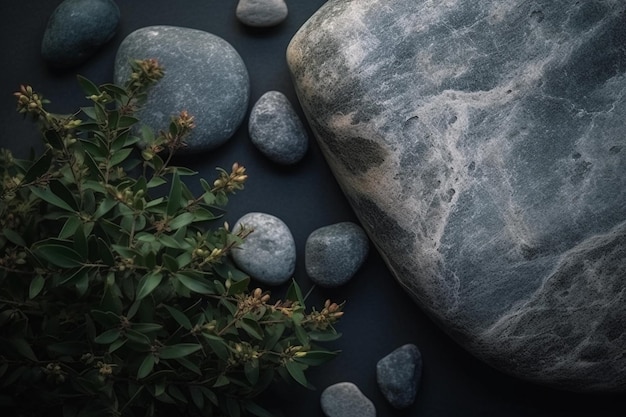 A close up of rocks and plants on a dark background