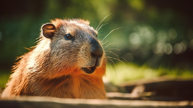 A close up of a rodent with a green background