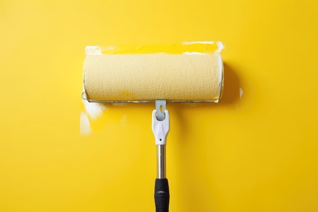 Close up of Roller painting a white wall with yellow paint Ai generative