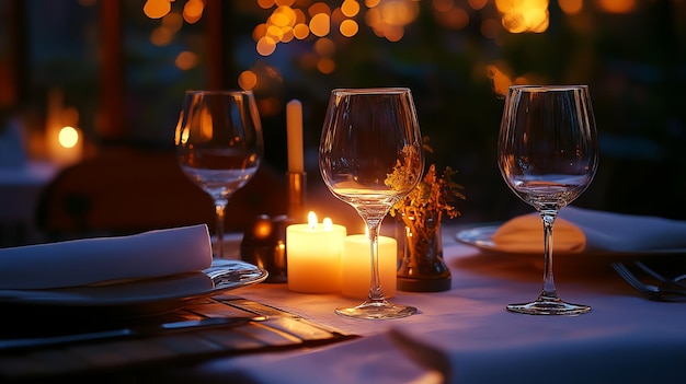 Photo close up of a romantic dinner table setting with candles and wine glasses