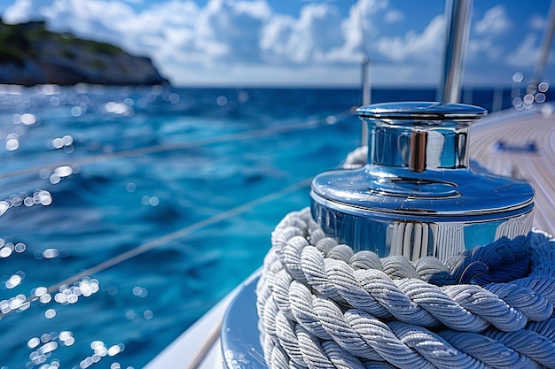 Photo a close up of a rope on a boat with the ocean in the background