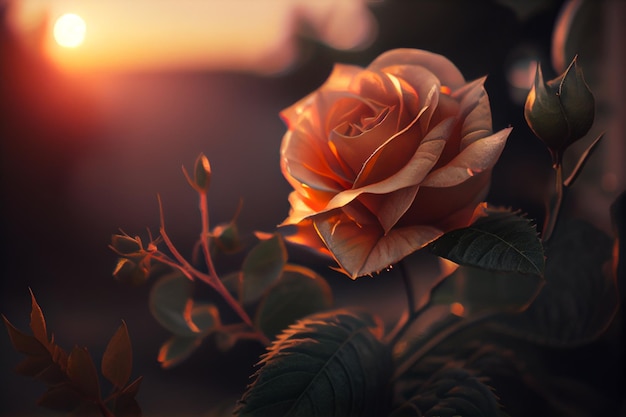 Close up of rose during sunrise madegenerative ai