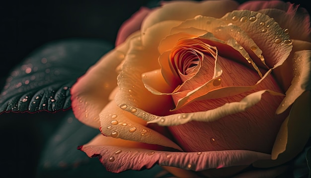 A close up of a rose with water droplets on it