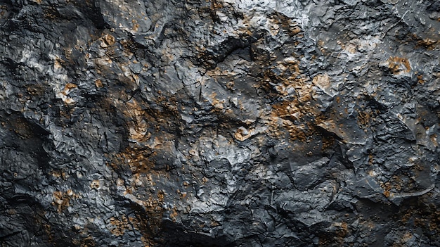 Close up of a rough dark rock surface with gold accents