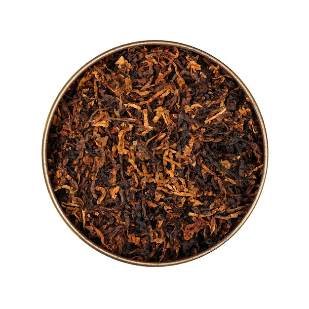 Close up round tin of ready rubbed long coarse cut pipe tobacco blend, isolated on while background, elevated top view, directly above