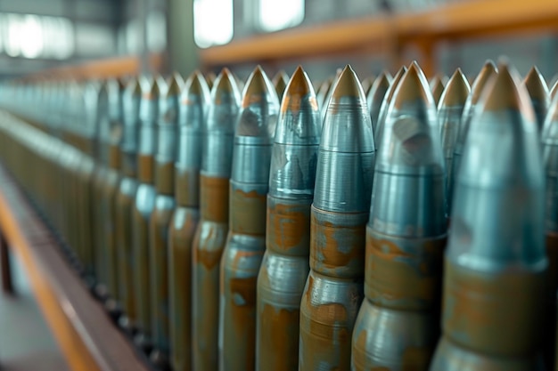 A close up of a row of bullet shells on a shelf