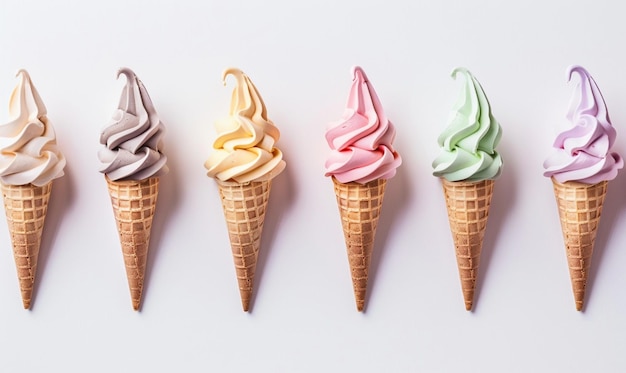 a close up of a row of ice cream cones with different colors generative ai