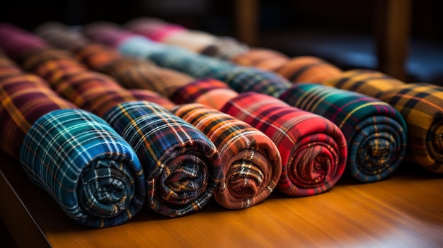 A close up of a row of plaid blankets on a table generative ai