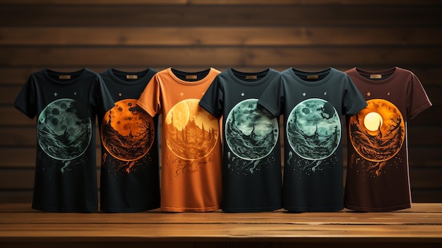 Photo a close up of a row of t shirts with a full moon on them generative ai