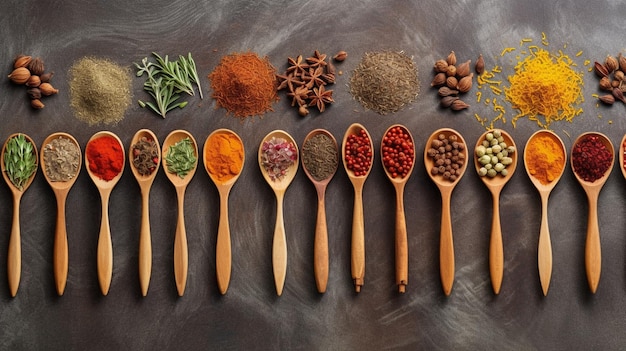 A close up of a row of wooden spoons filled with different spices generative ai