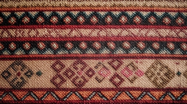 A close up of a rug with a pattern of geometric shapes.