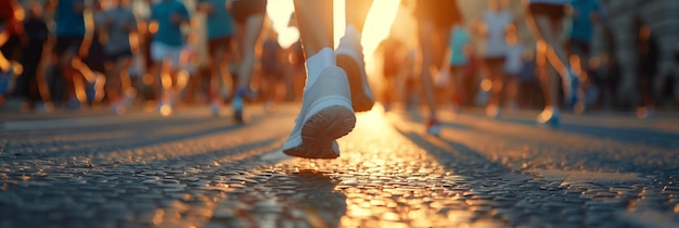 Close up of a runners legs on a city street during a marathon race