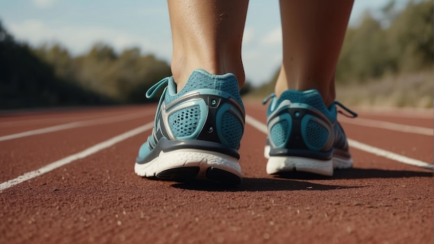 Close up of running shoes on track