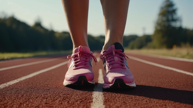 Close up of running shoes on track