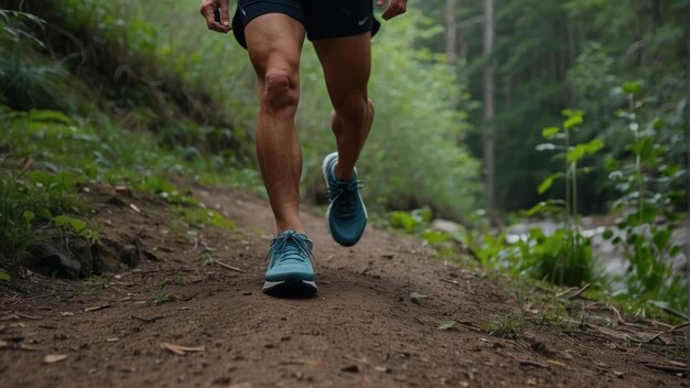 Close up of running shoes on trail