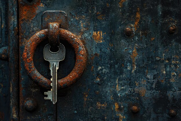 A close up of rusted metal lock with sinister key evokes mystery