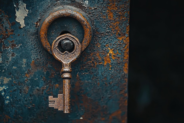 A close up of rusted metal lock with sinister key evokes mystery