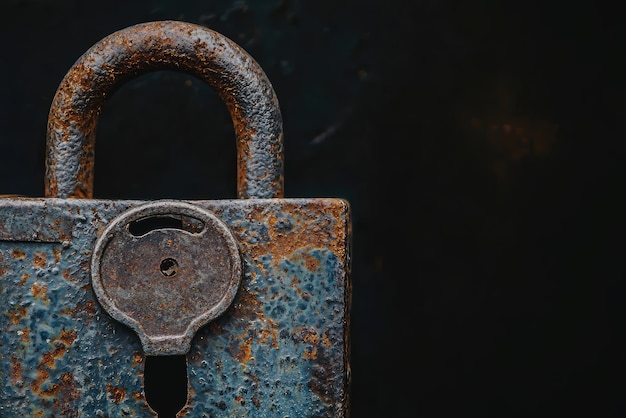 A close up of rusted metal lock with sinister keyhole evokes mystery