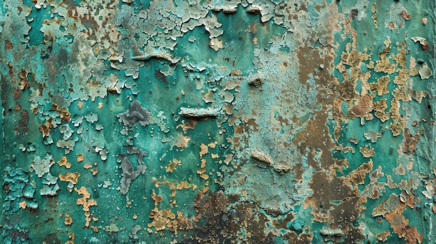 Photo close up of rusted metal with peeling teal paint