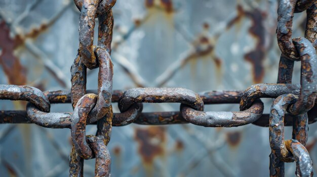 Close Up of Rusty Chain Links Against a Metal Fence Background