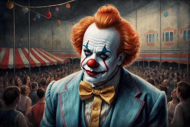 A close up of a sad depressed and upset clown with an isolated background