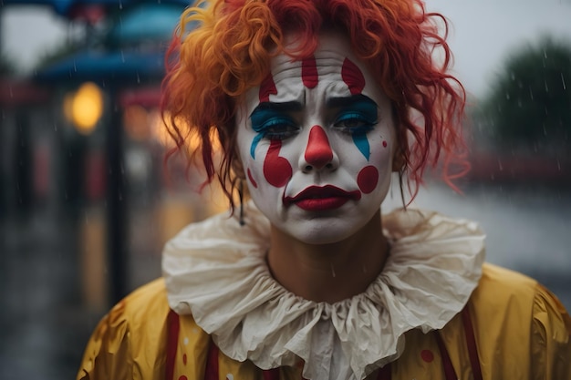 A close up of a sad depressed and upset clown with an isolated background