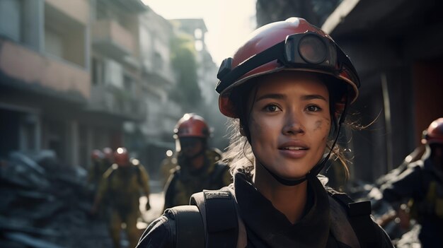 Close up Sad Search and rescue team woman searching through a earthquake destroyed building