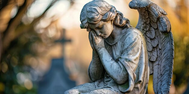 Photo close up of a sad stone angel statue in a cemetery copyspace place for text