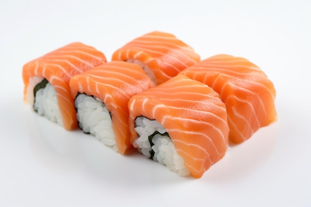 A close up of salmon sushi on a white background