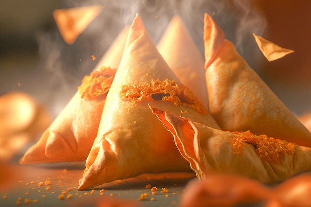 A close up of a samosa with orange decorations on it