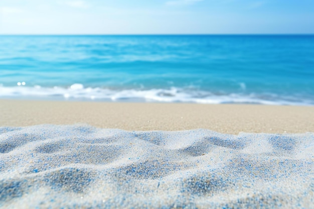 Close up of sand on the beach with blue sea and sky background