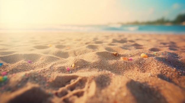 Close up sand Seascape abstract Summer sandy beach tropical background blur bokeh light of sea ocean and sky Generative AI