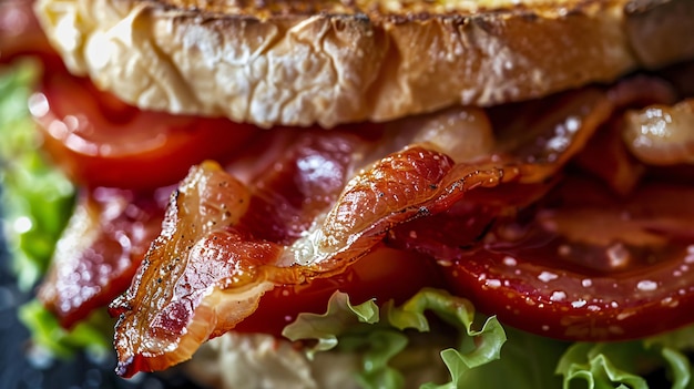 a close up of a sandwich with bacon on it